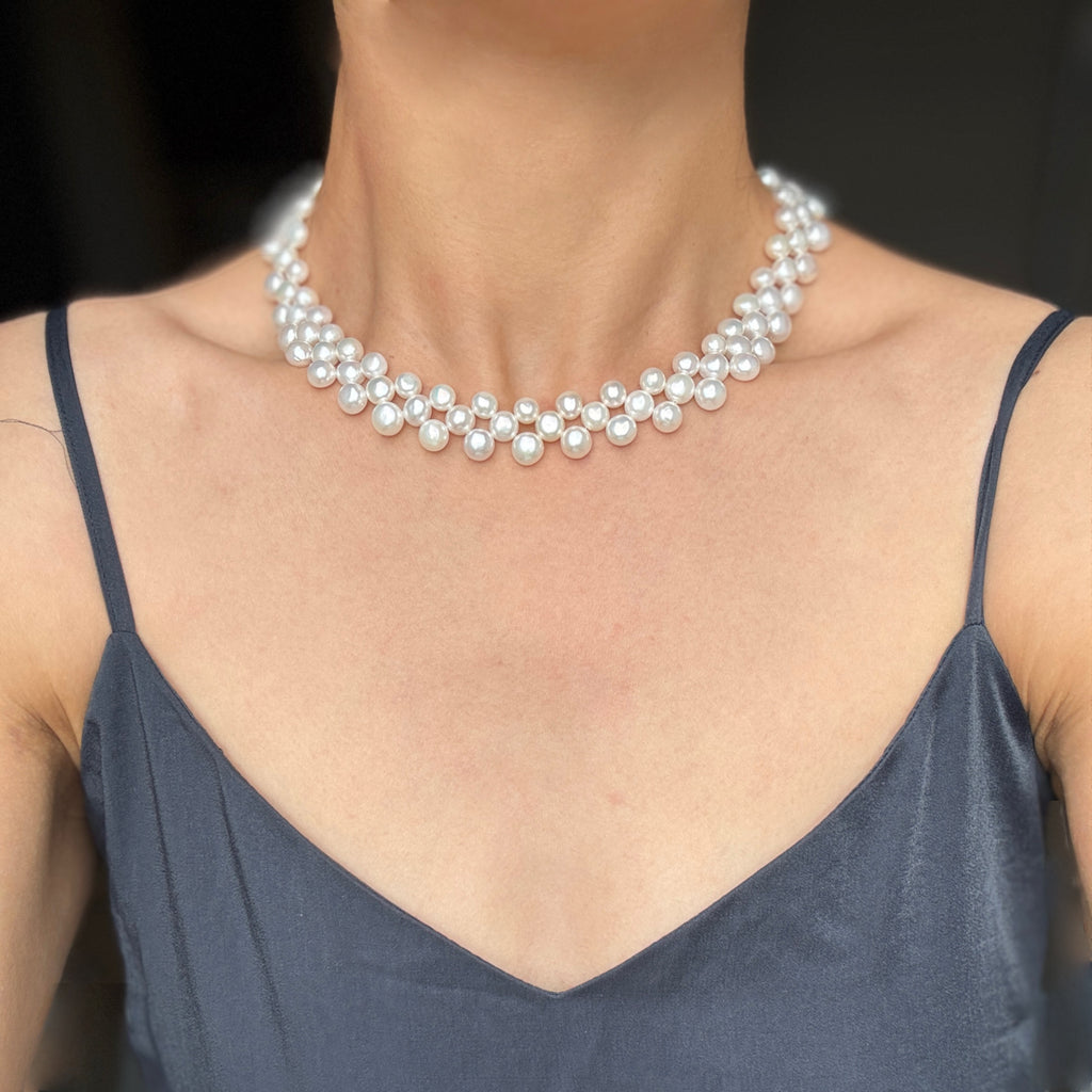 Collier à trois rangs de perles d’eau douce, fait main et vintage